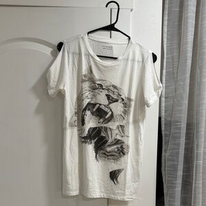 All Saints White Cold Shoulder Graphic Short Sleeve Tee